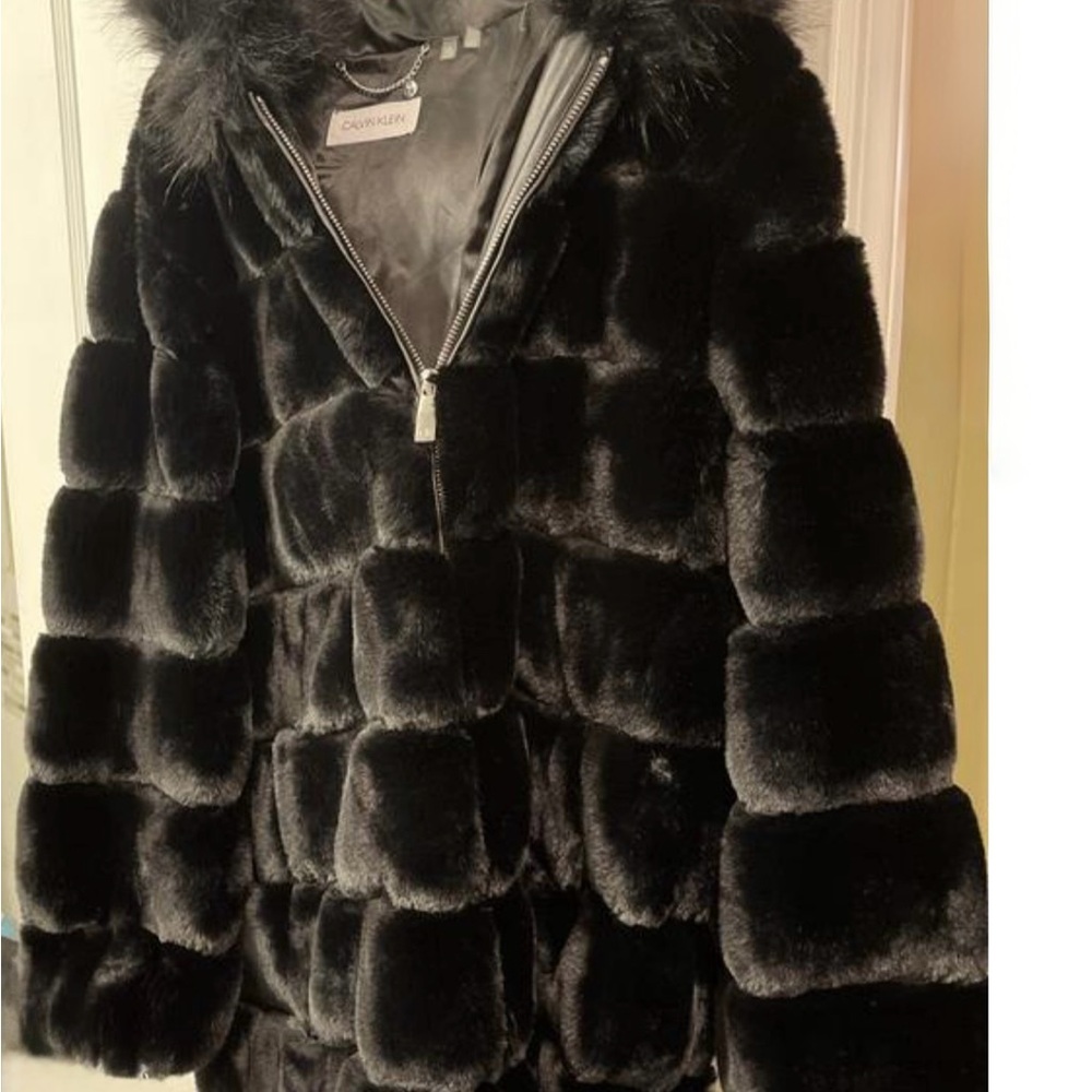 Calvin Klein Black Hooded Faux Fur Jacket - Picture 5 of 10